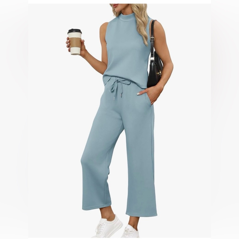 SAMPEEL Two Piece Set Summer/Lounge Set Mock Neck Wide Leg Crop Pants Sz L